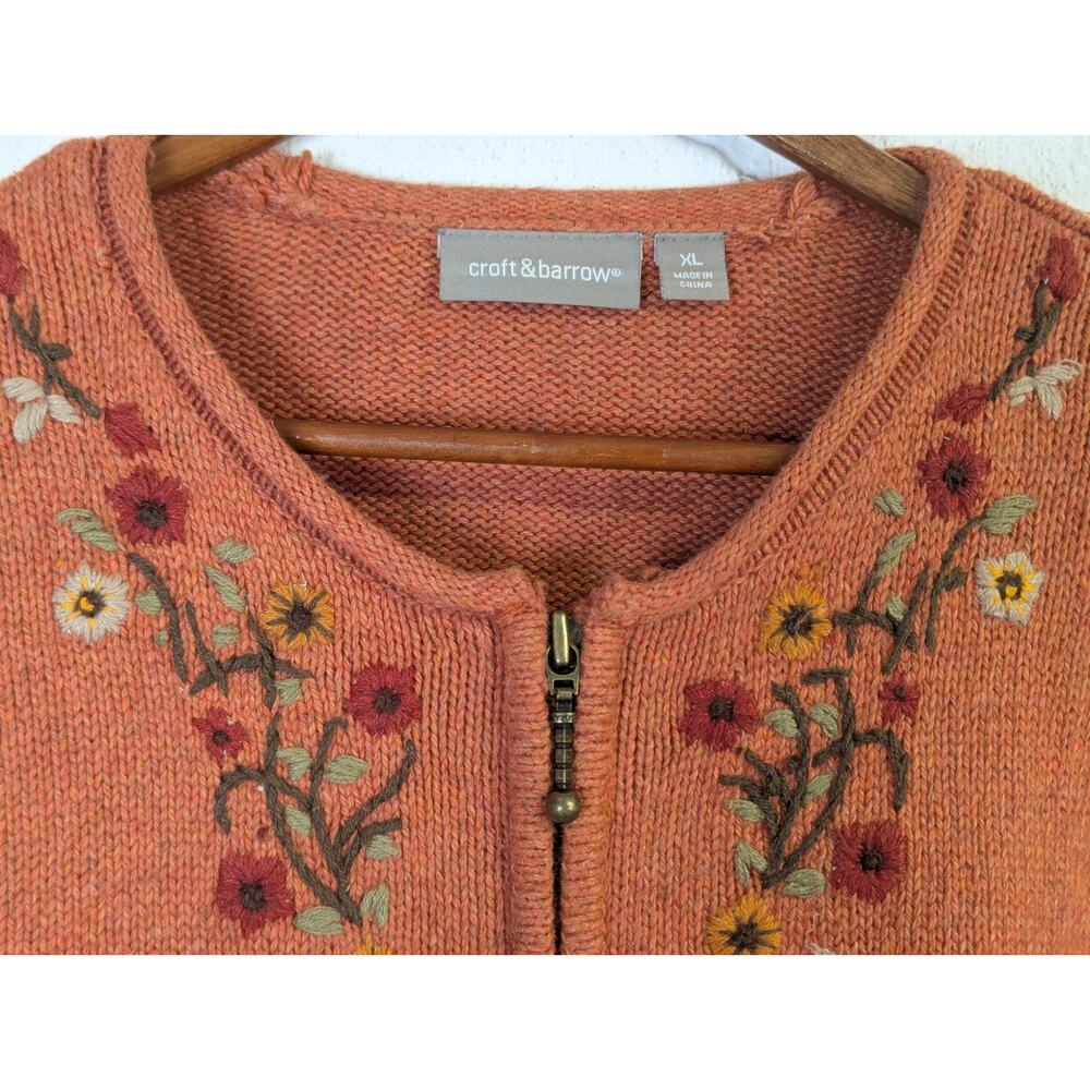 Embroidered Floral Cardigan Sweater Orange Zip Autumn Granny Cottage Womens XL - Picture 2 of 8